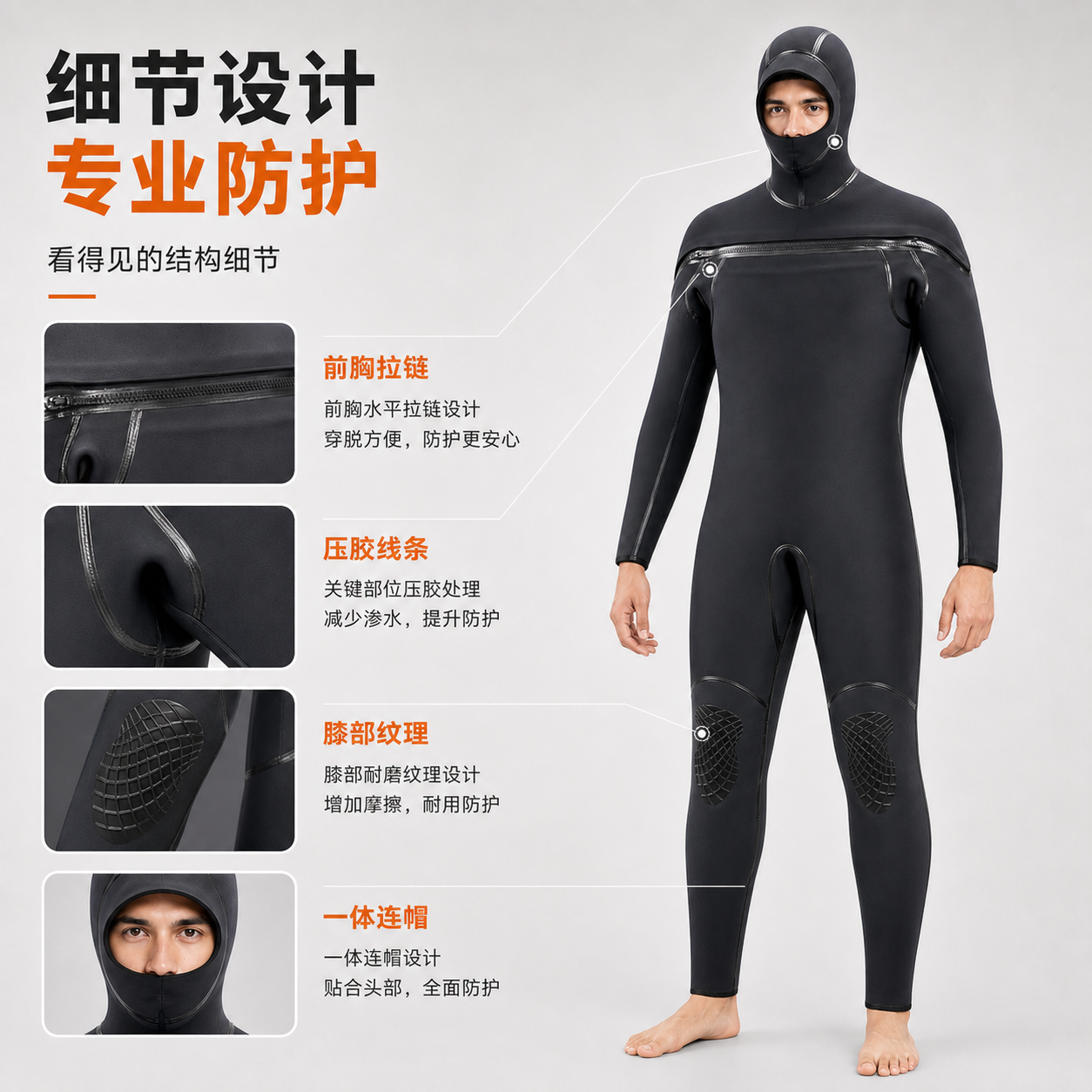 Front-Zip Wetsuit for Scuba Diving & Snorkeling, Custom Neoprene Laminated Blind-Stitched Wetsuit, OEM/ODM Factory Production 4